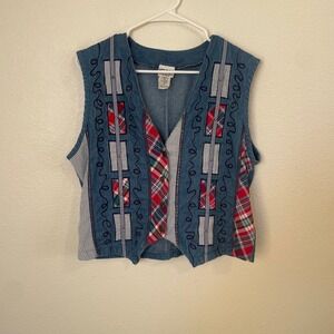 VTG Koret City Blues Petites Womens M Denim Vest Patchwork Plaid Embroidered‎